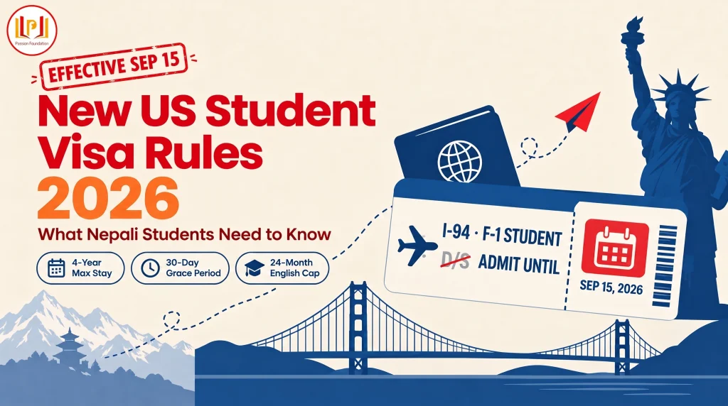 Illustration of a boarding pass, passport and paper airplane with US landmarks for new US student visa rules 2026