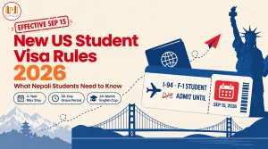 Illustration of a boarding pass, passport and paper airplane with US landmarks for new US student visa rules 2026